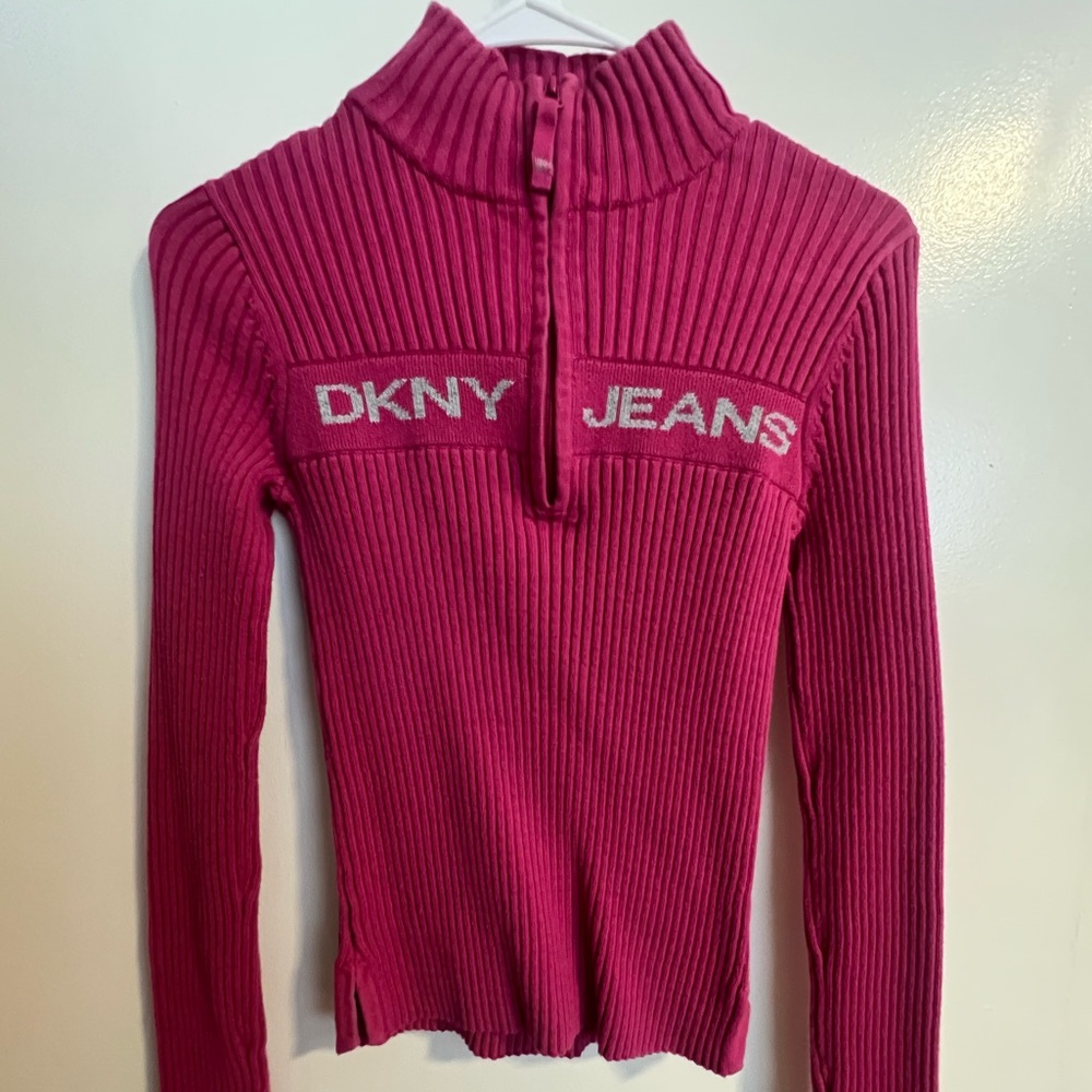 DKNY Pink Quarter Zip Ribbed Knit Sweater w/ Metallic Label
